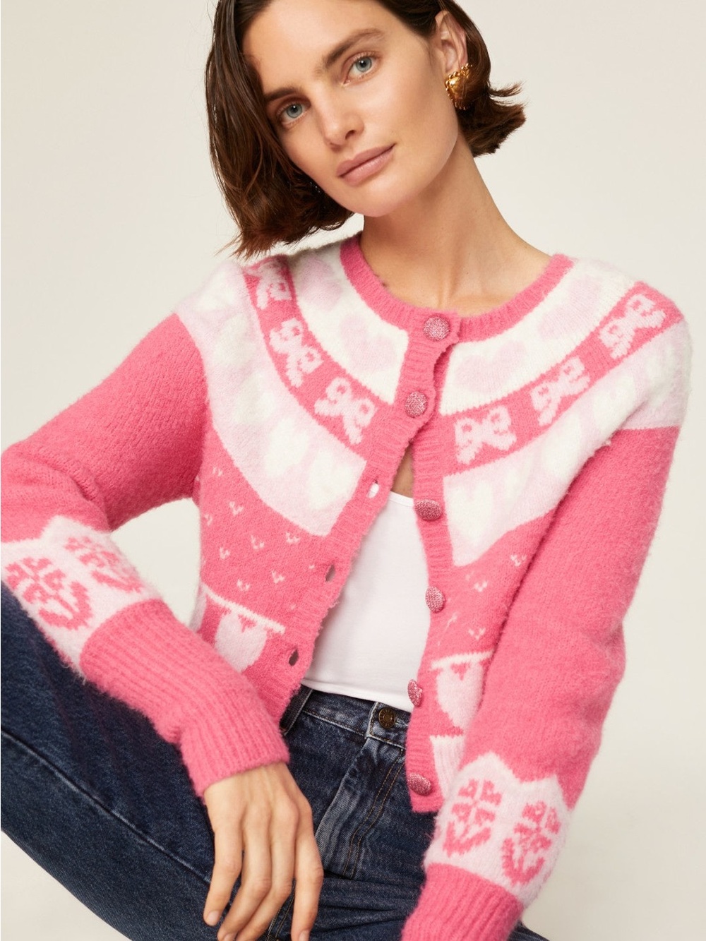 LoveShackFancy Pink and White Heart Motif Cropped Cardigan